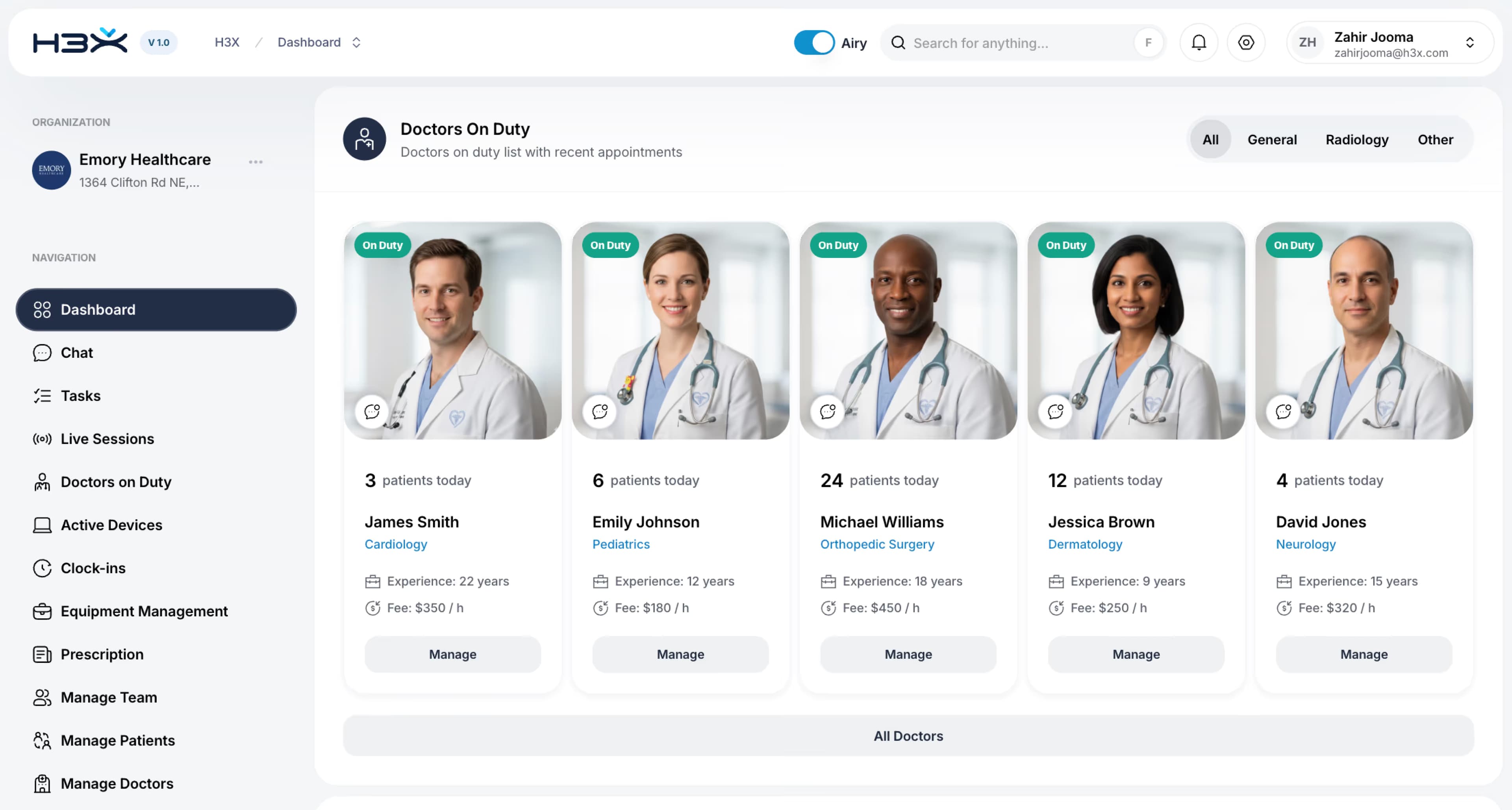 H3X Application dashboard